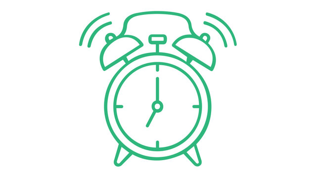 Green ringing alarm clock vector icon illustration, minimalist line art design for time management, morning wake up, alert notification, deadline reminder, and urgency, scalable flat graphic.