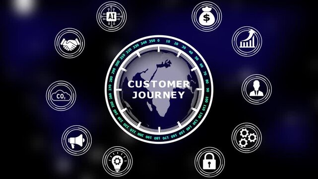 Digital globe with circular representing customer journey and global business strategy concepts on a dark blue background with glowing light particles and technical data for service