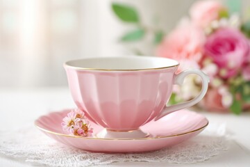 Fototapeta premium Vintage pink porcelain teacup with matching saucer, adorned with delicate floral accents, placed on a lace doily with a soft floral background