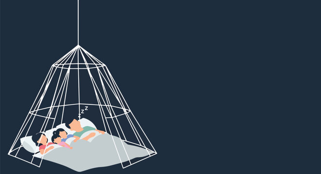 Family sleeps safely inside mosquito net protecting them from disease carriers in dark room, peaceful slumber.