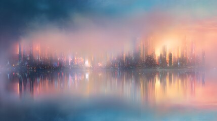 Obraz premium Futuristic city skyline reflected serene lake dreamy ethereal urban landscape design concept