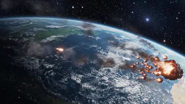 Meteor shower striking earth atmospheric entry rendering cinematic view of planetary destruction outer space doomsday