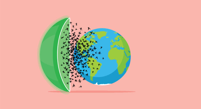 Mosquitoes swarm over planet earth, representing disease spread and global health crisis from insects attacking vulnerable world.