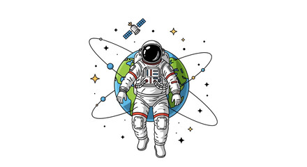 Vector illustration depicts an astronaut in a spacewalk floating in orbit around Earth, with a satellite and stars against a clean white background, celebrating International Day of Human © Jangkrik
