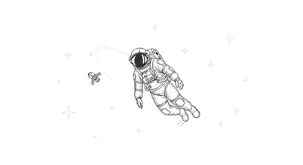 Vector illustration for International Day of Human Space Flight depicting an astronaut in a detailed spacewalk, floating in orbit near Earth with a satellite and stars in a galactic scene © Jangkrik