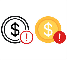 Fototapeta premium Financial warning icons, dollar coins with exclamation marks, money alert symbols, vector warning signs