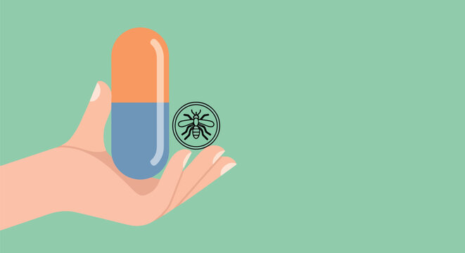 Hand holding large capsule with insect icon, representing medication for insect bites or insect-related illnesses and health remedies.