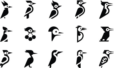 Fototapeta premium Woodpecker Silhouette Icon Collection Set