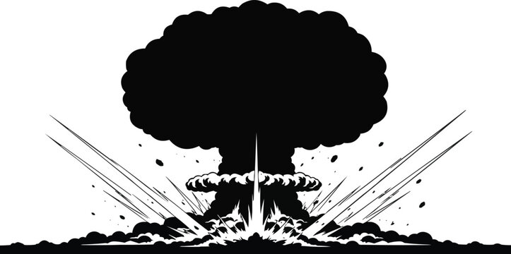 The Explosive Ascent: A stark monochrome illustration dramatically depicts the sheer power of an explosive event, with a towering mushroom cloud dominating the scene.