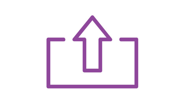 Purple minimalist vector illustration of an upload line icon featuring an upward arrow coming out of a box, perfect for web design, mobile apps, user interface, and digital data transfer projects.