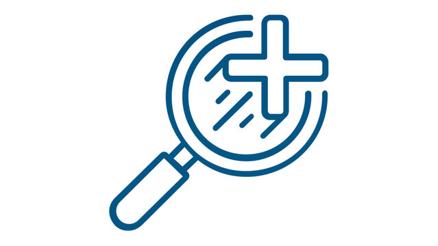 Blue line vector icon of a magnifying glass with a plus sign inside, representing a zoom-in function for user interface design, search tool, and detailed inspection, minimalist flat style.