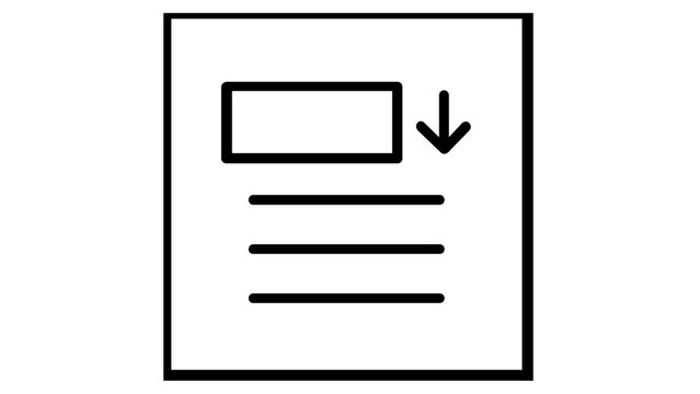 Minimalist dropdown menu vector icon illustration featuring a document page with a selection box and a downward arrow, ideal for UI/UX design, web interfaces, and digital application navigation.