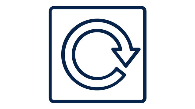 Dark blue minimalist vector icon illustration of a circular refresh arrow in a square frame. Scalable flat design for user interface, web navigation, reload, and digital app development projects.