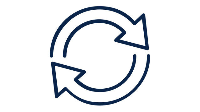 Dark blue minimalist vector icon illustration of circular arrows representing refresh, sync, update, or recycle process for modern user interface design, web apps, and digital navigation.