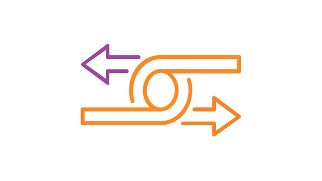 Minimalist vector icon illustration of two arrows pointing in opposite directions with a central loop, featuring a vibrant purple to orange gradient, ideal for UI design and web interfaces.