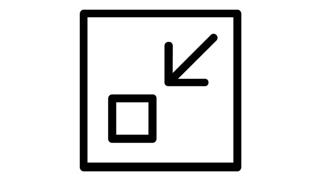 Minimalist zoom out line icon vector illustration for user interface design. Scalable flat graphic featuring a square and an arrow pointing inwards to represent shrinking or minimizing content.