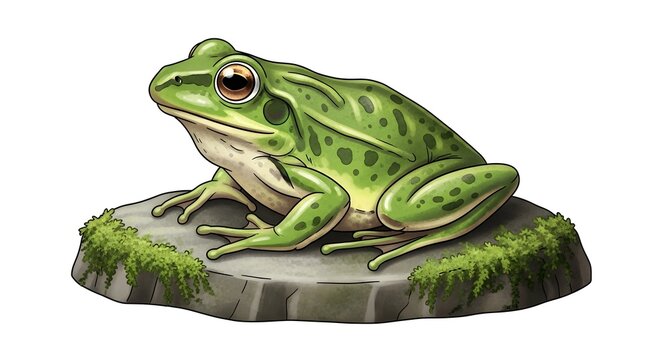Green Frog Sitting on Mossy Rock Isolated on White Background.