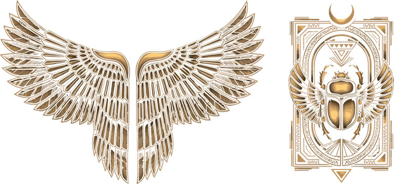 Egyptian Winged Scarab and Sacred Beetle Vector Designs in Gold for Cultural, Vintage, and Symbolic Themes