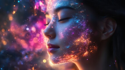 Fototapeta premium Woman's face merging with colorful nebula-like energy.