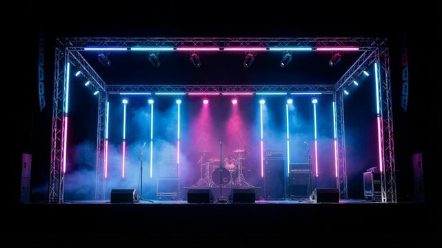 Empty stage with neon pink and blue lighting setup, fog, truss structure, musical instruments, concert performance atmosphere and event