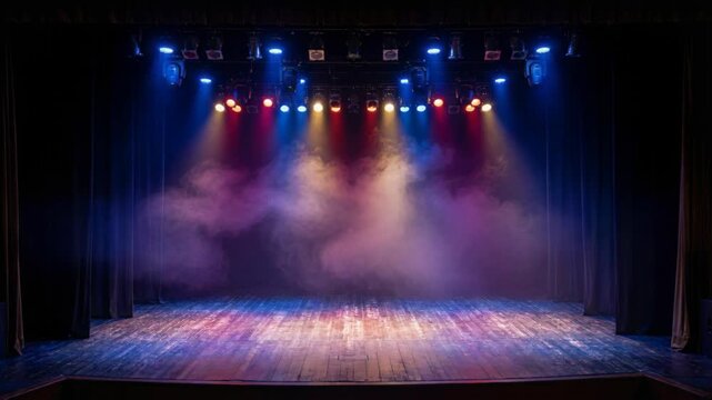Empty stage with wooden floor, dramatic blue and red spotlight illumination, atmospheric haze, smoke, perfect for concert background or