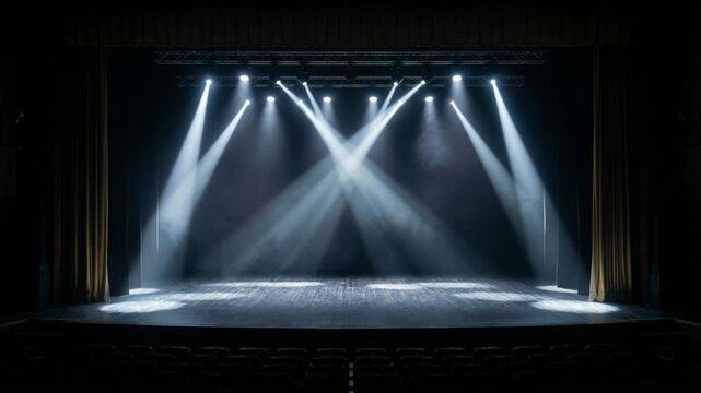 Empty theater stage with dramatic spotlights, dark curtains, and atmospheric haze, ideal for live performance backgrounds and event