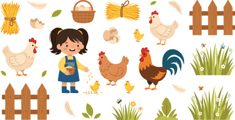 Farm Girl Feeding Chickens with Hens, Rooster, and Hay in a Fun Farmyard Vector Set for Kids © MDRahamat