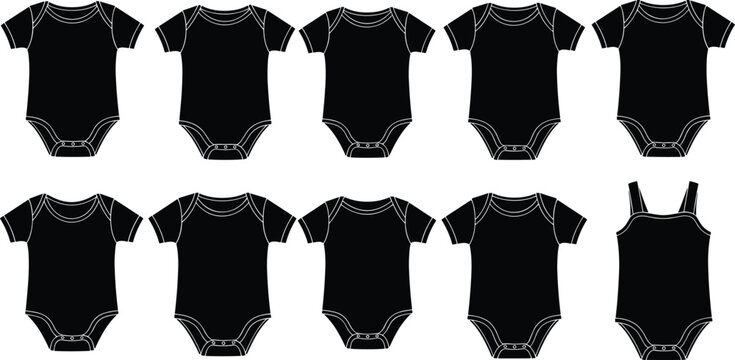 Baby onesie silhouettes, infant clothing icons, toddler apparel illustration, newborn fashion artwork, childcare design concept, babywear graphic representation