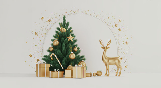 Christmas tree with gold ornaments and reindeer presents