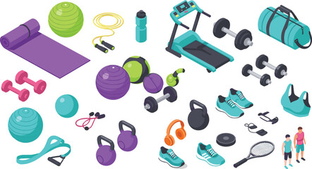 Fitness Equipment Collection with Dumbbells, Yoga Mats, Treadmills, Kettlebells, and Sports Accessories for Health, Exercise, and Workout Illustration Projects