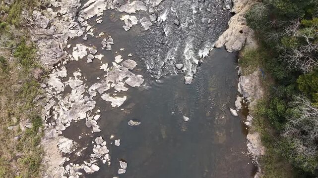 Aerial drone top down view moving over forest river, cinematic natural pattern 30s 4K