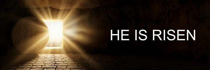 He is risen. Ressurection day banner for Christianity Easter holiday. Religion, hope, faith. Empty cave tomb with bright light rays.