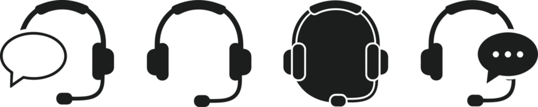 Headset icons with microphone, customer support symbol, call center graphic, communication service design, speech bubble illustration, digital conversation vector