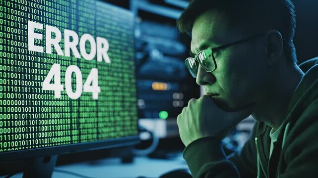 This shows a man experiencing technical difficulties while working on a computer, staring at an error 404 message on the screen, highlighting the challenges of dealing with glitches and bugs in
