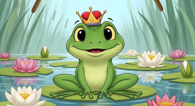 Cute cartoon king frog sitting on a lily pad in a pond.