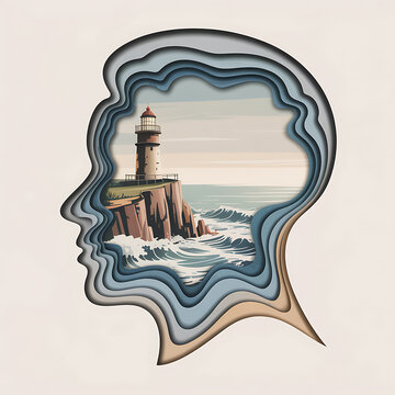 A layered paper art depiction of a human head framing a coastal landscape with a prominent lighthouse