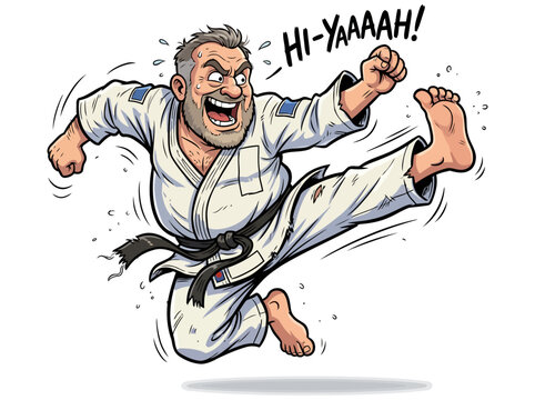 Funny Angry Karate Man Steve Performing Side Kick