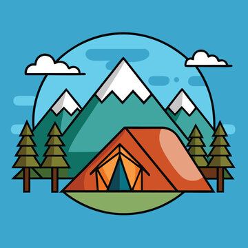 Camping adventure: tent, trees, and mountains vector illustration