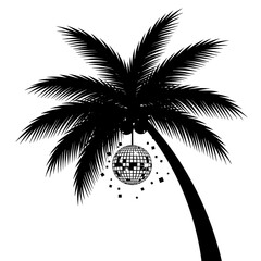 Black silhouette of a palm tree with a disco ball hanging from it black and white party