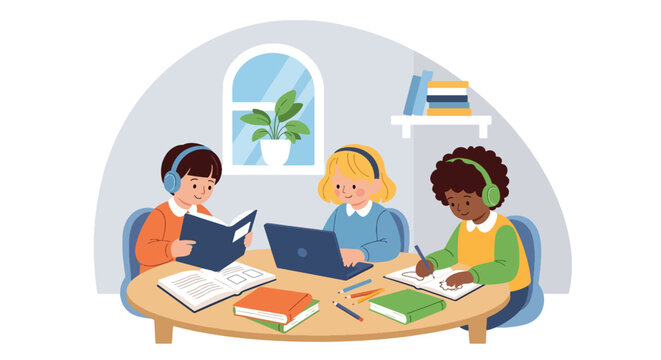 Flat style vector illustration of children doing homework together at home with books and laptop, collaborative learning and study support in a friendly environment