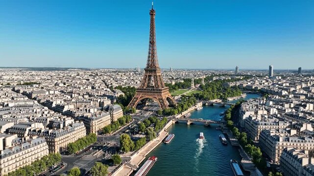 Eiffel Tower and Seine River with Paris cityscape on a sunny day
