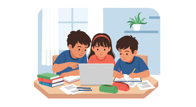 Flat style vector illustration of children doing homework together at home with books and laptop, collaborative learning and study support in a friendly environment