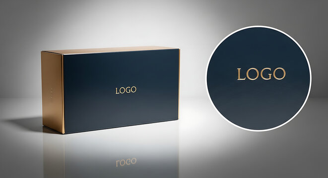 Elegant dessert box packaging, glossy finish, soft reflection, studio spotlight, clean logo placement, luxury branding concept, ultra detailed texture