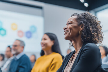 Obraz premium Portrait of confident corporate woman operations director leading office process improvement session. Grounded female leader driving business teamwork and productivity.