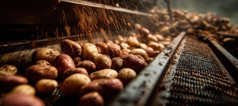 Freshly dug potatoes rolling through vibrating sifter on mobile sorting unit with earth particles