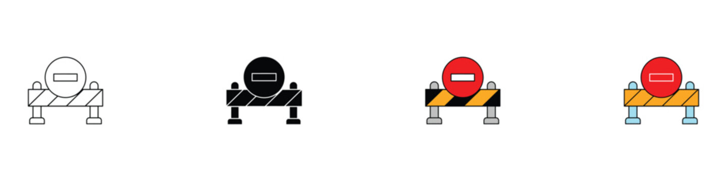 Under construction road block barrier and no entry sign icon set. Street maintenance, traffic safety, and restricted access symbols. Vector Illustration.