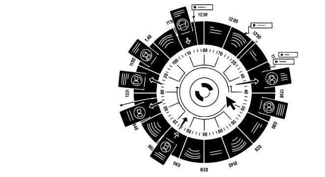 Circular Time Wheel Calendar Scheduling and Appointment UI Black Silhouette SaaS Vector Illustration