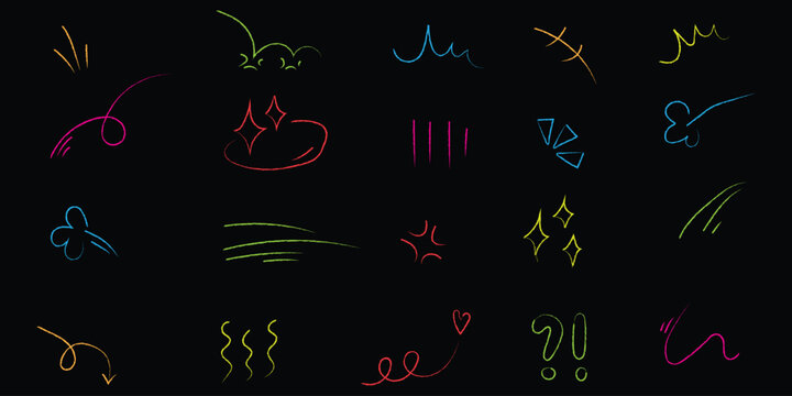 Hand drawn colorful scribbles shapes and doodle accent elements collection on black background. Creative comic motion effects and decoration set. Vector Illustration.