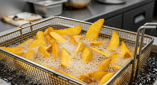 Fried potatoes cooking with bubbles in deep fryer