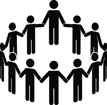 Black stick figures holding hands in a circle representing global unity community support teamwork diversity partnership and social connection isolated on a white background